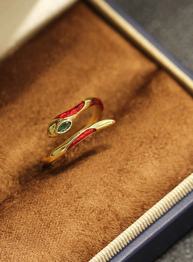 中式新年新品红色灵蛇戒指气质简约滴油珐琅釉生肖动物开口戒女款