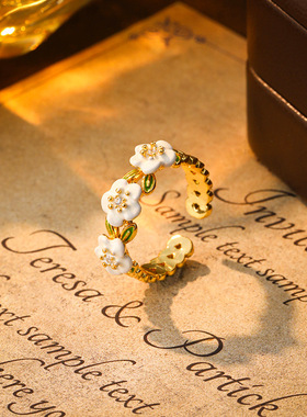 森系仙女风珐琅彩釉指环甜美花朵开口戒时尚气质高级感设计戒指