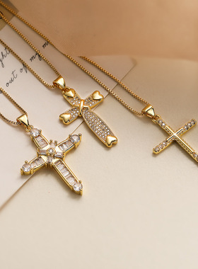 复古欧美简约铜镀18k金锆石十字架吊坠项链女小众个性复古锁骨