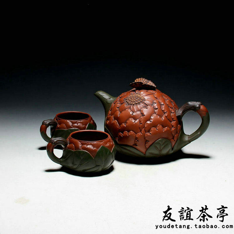 宜兴老紫砂壶 蒋蓉制 一壶两杯 牡丹壶一套 500cc老紫砂壶