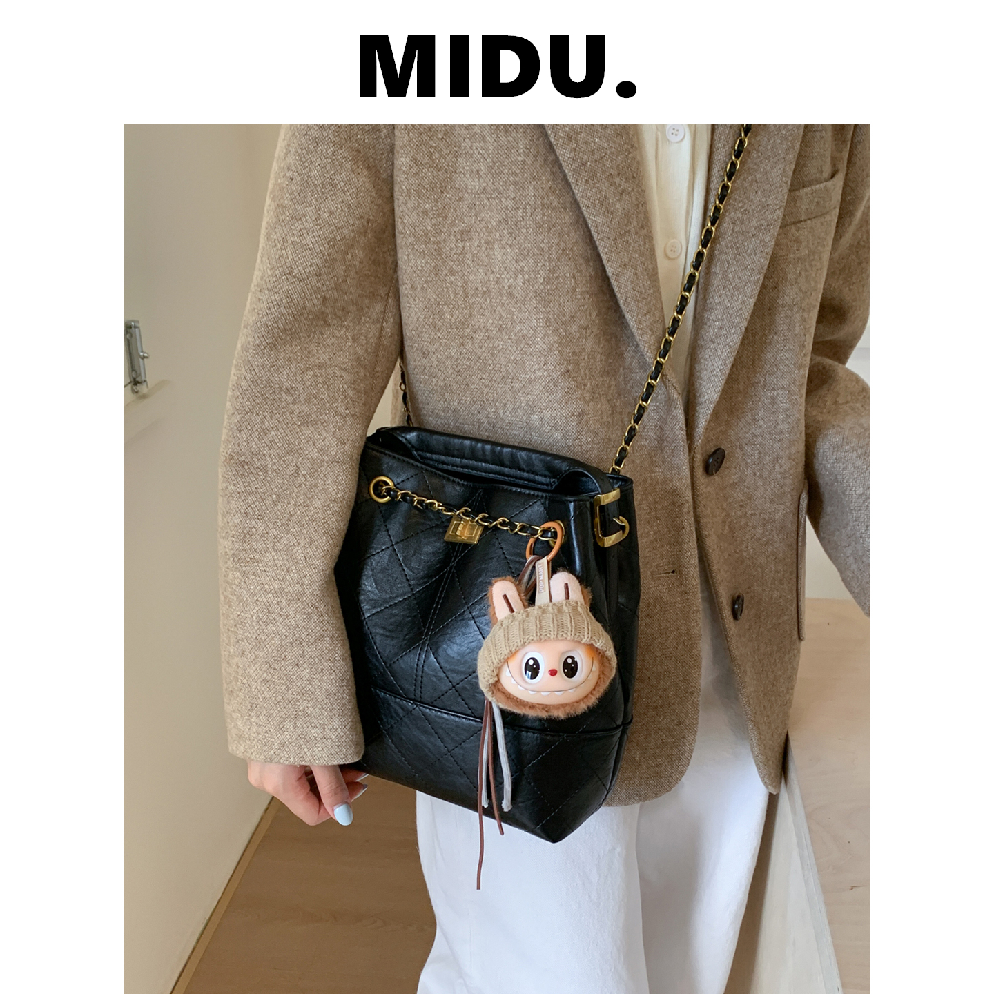 MIDU高级感水桶包女2025秋季新款小香风菱格链条单肩包轻奢斜挎包