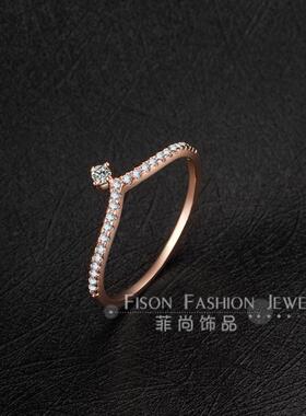 戒指V型纤细玫瑰金皇冠微镶排钻
