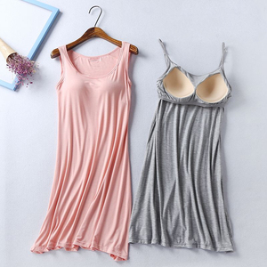 女莫代尔无钢圈免穿带文胸垫罩杯bra长款吊带打底睡裙睡衣家居服