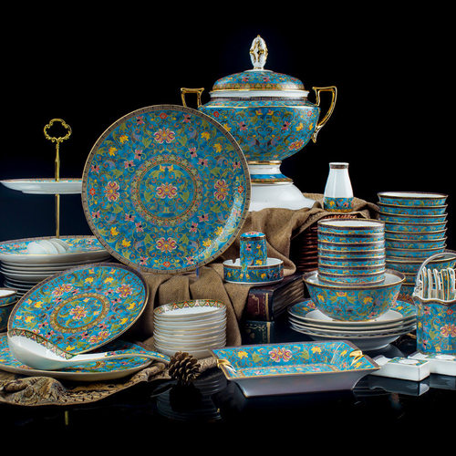 新中式86头珐琅彩碗盘碟套装餐具