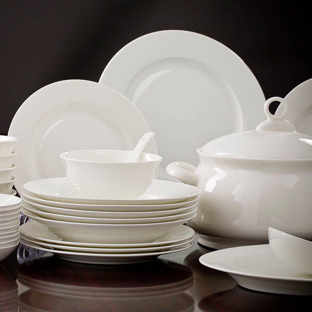 唐山骨质瓷餐具套装 家用56头纯白色陶瓷碗盘碟套组新居乔迁礼品