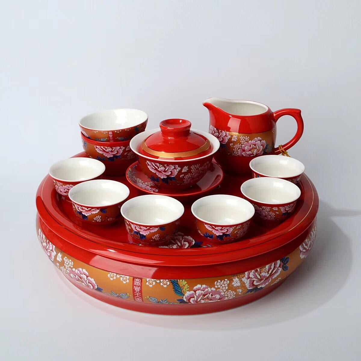 景德镇瓷器中国红牡丹工夫茶具盖碗陶瓷中式婚庆礼品定制茶杯