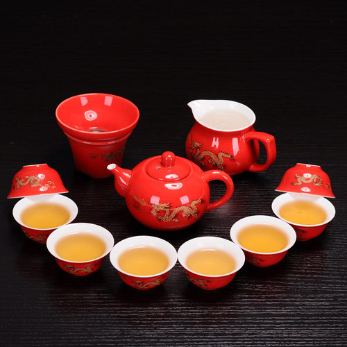 陶瓷功夫茶具套装12件套红金龙茶杯茶壶盖碗茶海青花瓷茶具