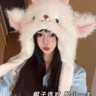 可爱卡通小羊毛绒帽女冬季加厚保暖防寒护耳帽耳朵会动的帽子加绒