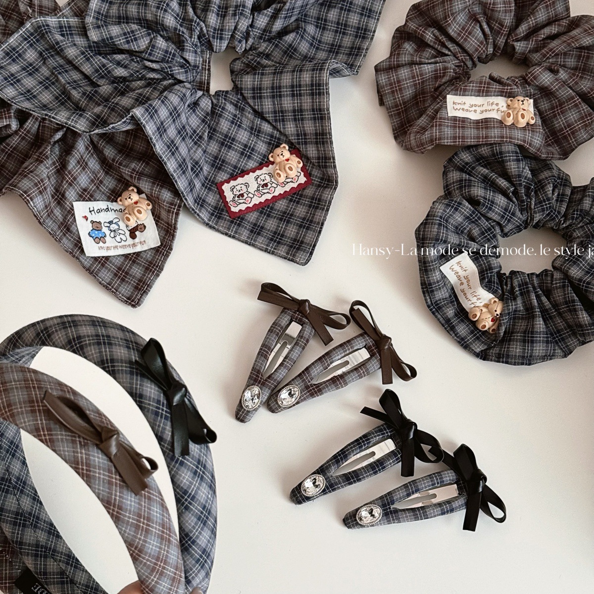 格纹小熊大肠圈简约扎头绳可爱小熊发绳方圈高级感方巾发圈发饰