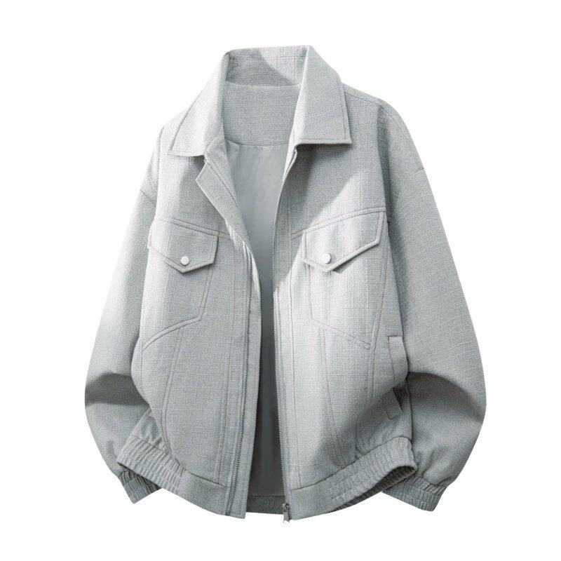 仿棉麻质感外套男宽松落肩袖设计感小众高级感翻领夹克春秋季上衣