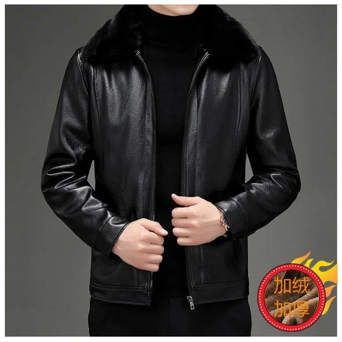 男士冬季夹克休闲毛领皮衣爸爸一体外套秋加厚中老年皮皮毛加绒真