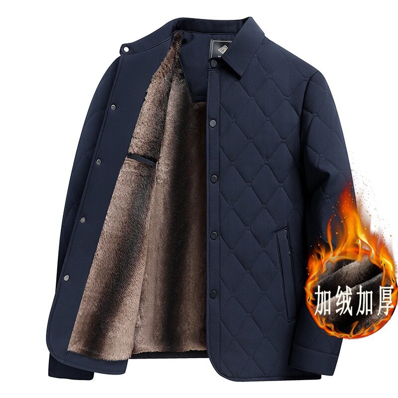 加绒加厚夹克棉衣外套中年男装翻领按扣棉服爸爸秋冬菱格保暖上衣