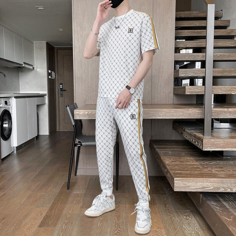 男士时尚休闲运动套装冰丝衣服夏季新款韩版潮流帅气搭配二件套