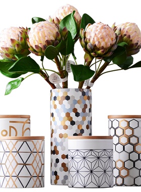 现代简约抽象几何竹木盖储物罐花瓶摆件北欧风客厅餐桌家居装饰品