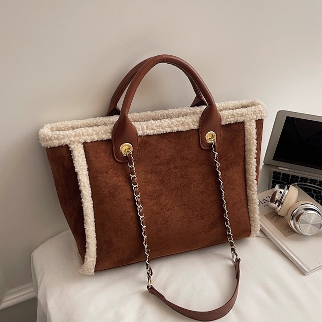 美拉德复古麂皮毛绒托特包