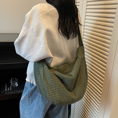 文艺格子帆布包大容量通勤