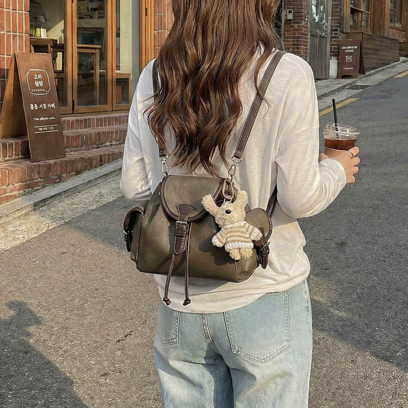 韩国复古多功能双肩包女百搭抽绳迷你背包通勤休闲外出斜跨水桶包