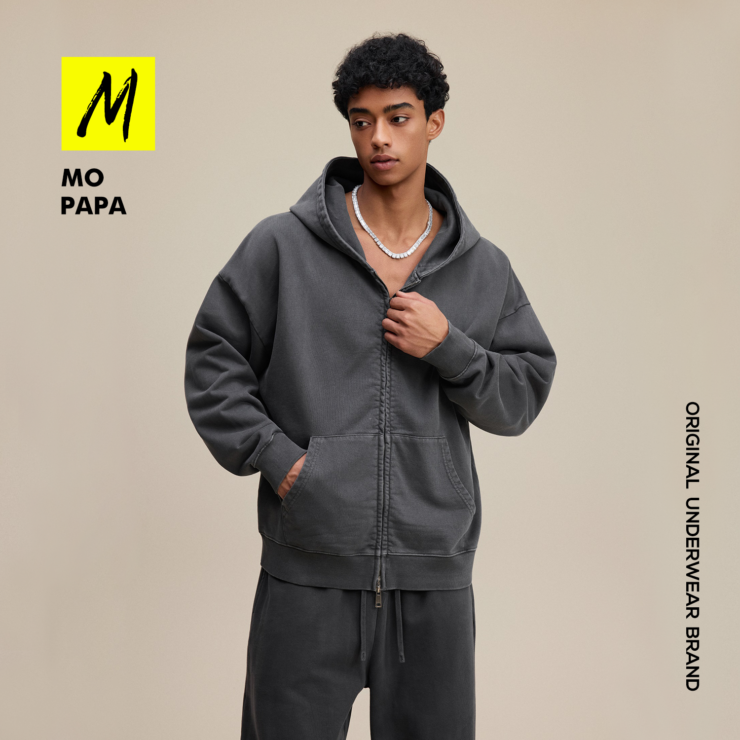 MOPAPA男装原创480g重磅美式潮牌复古拉链水洗蜡染连帽卫衣外套男
