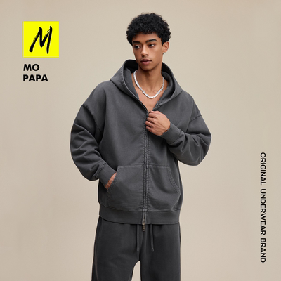 MOPAPA男装原创480g重磅美式潮牌复古拉链水洗蜡染连帽卫衣外套男