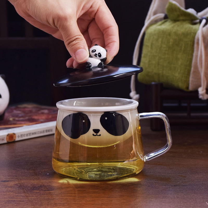 高颜值熊猫玻璃带盖过滤内胆茶杯