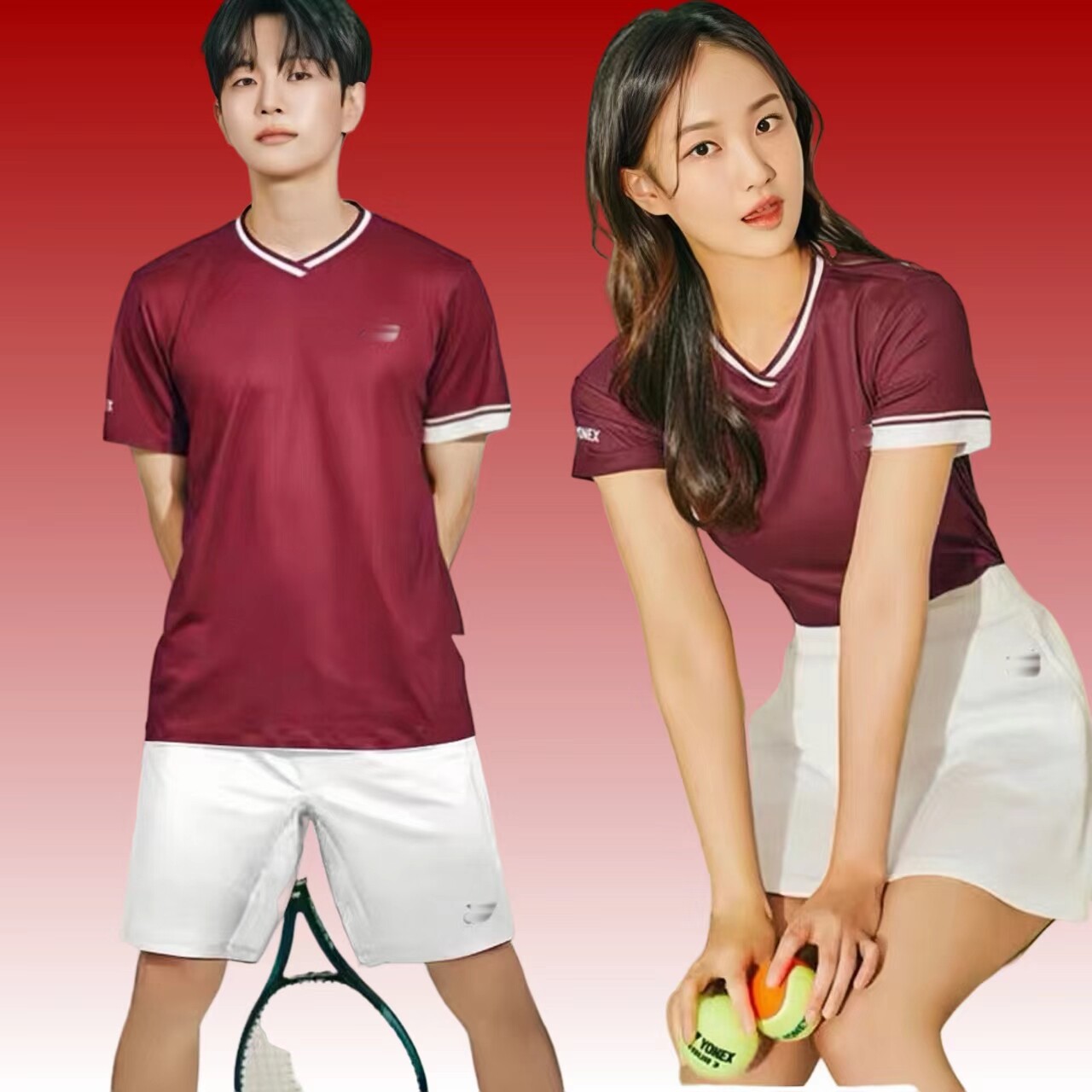 2025新款韩国YY羽毛球服酒红色团队比赛服男女短袖队服套装定制