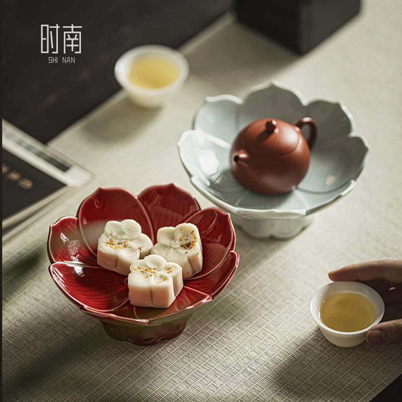 陶瓷高脚莲花果盘可沥水干果盘水果碟中式托盘茶点盘家用订婚摆台
