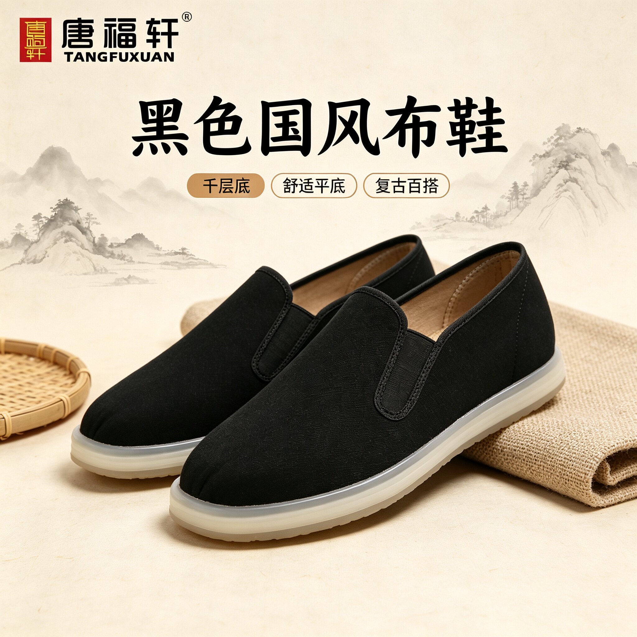 唐福轩舒适防滑千层底日常黑布鞋