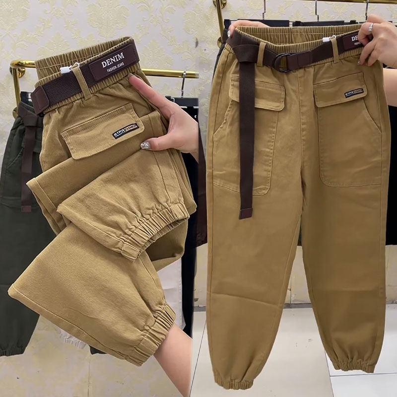 九分牛仔工装裤女春季新款高腰显瘦哈伦裤束脚百搭水洗棉休闲裤潮