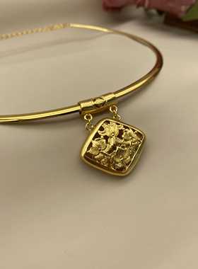 古法银镀金小众新中式国风錾刻莲花镂空锁坠足银项圈男女宝宝项圈