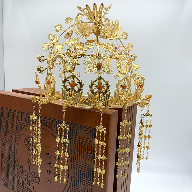 仿清代古风原创凤冠花丝镶嵌银镀金头饰汉服花钿龙凤霞帔皇冠发饰