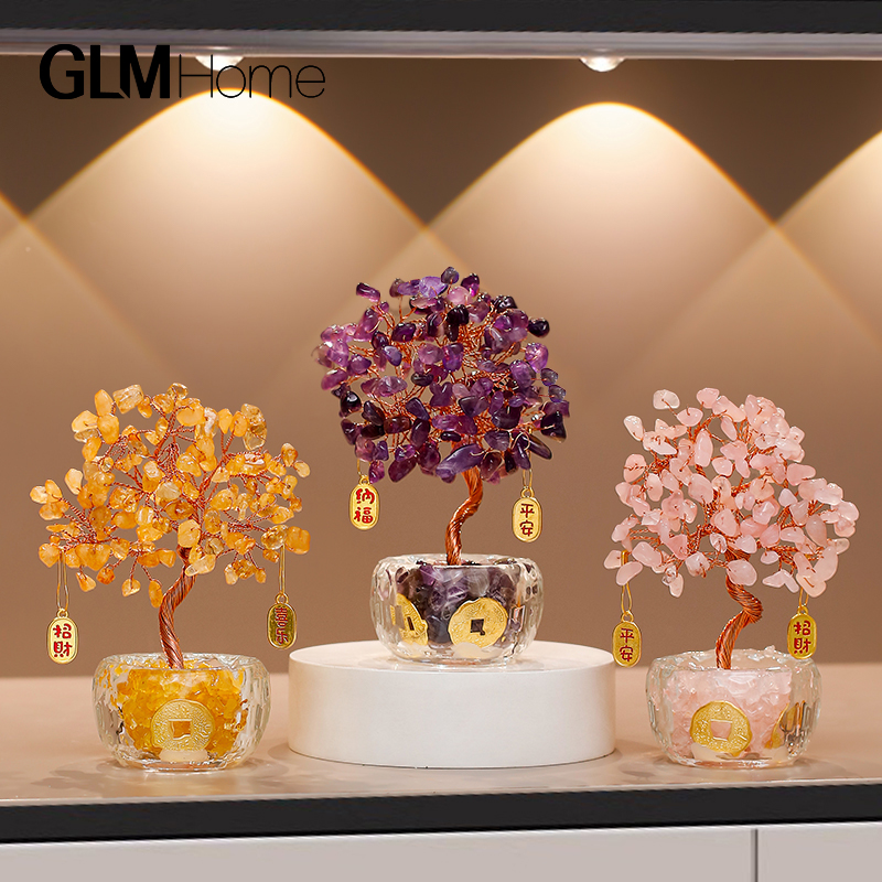 黄水晶发财树摆件客厅玄关桌面摆设办公室工位装饰摇钱树节日礼物