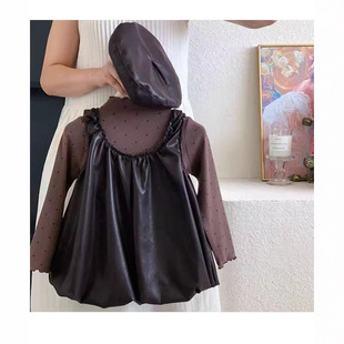 女童套装春秋装新款韩版花苞皮裙连衣裙洋气复古波点打底