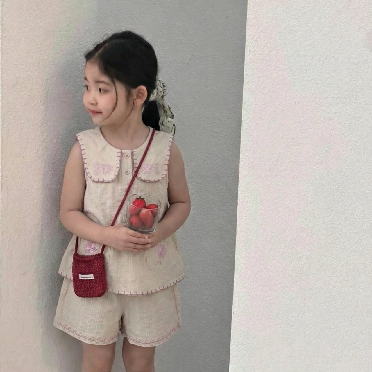 女童夏季韩版娃娃领刺绣两件套