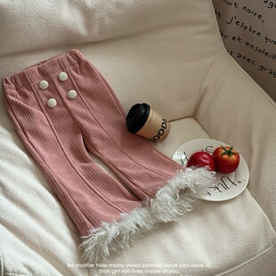 女童加绒裤子2025冬季新款女宝洋气外穿直筒裤一体绒喇叭裤