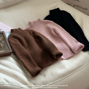 儿童打底衫2025冬季新款韩版纯色洋气舒适保暖女宝半高领厚毛衣