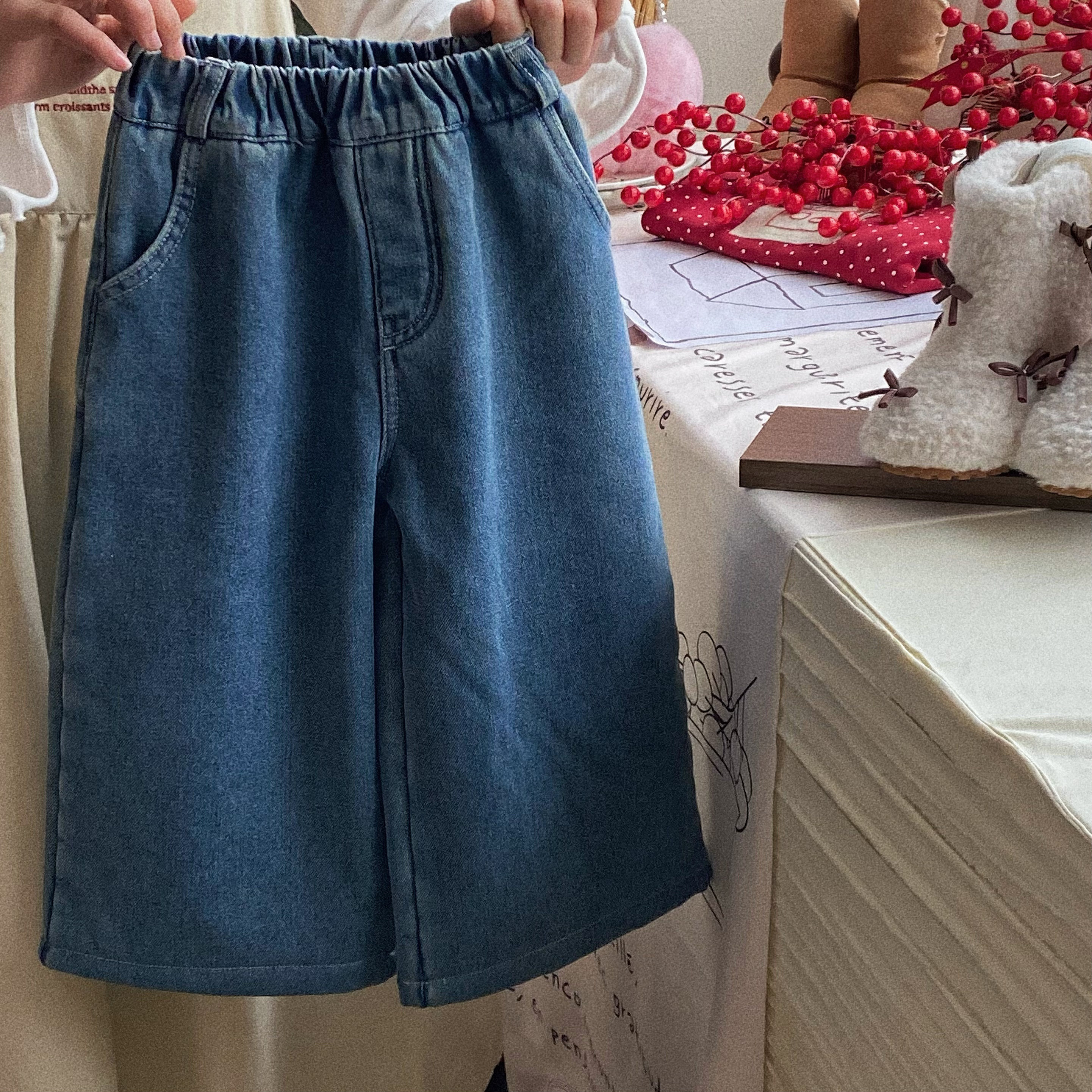 女童加绒牛仔裤2025秋冬新款韩版女宝披巾装饰一体绒长裤直筒裤,童装/婴儿装/亲子装,裤子,淘宝优惠券,粉丝福利购,淘宝优惠卷