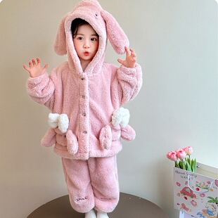 儿童家居服2025冬季新款女宝卡通小兔子连帽毛绒睡衣女童保暖套装