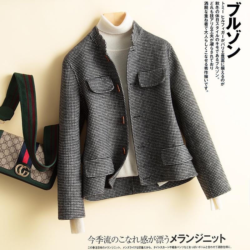 格子立领毛呢外套双面羊绒大衣