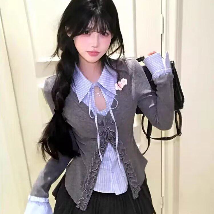 瑞茜·威瑟斯岛屿暮色 春秋学院风复古拼接设计感长袖开衫