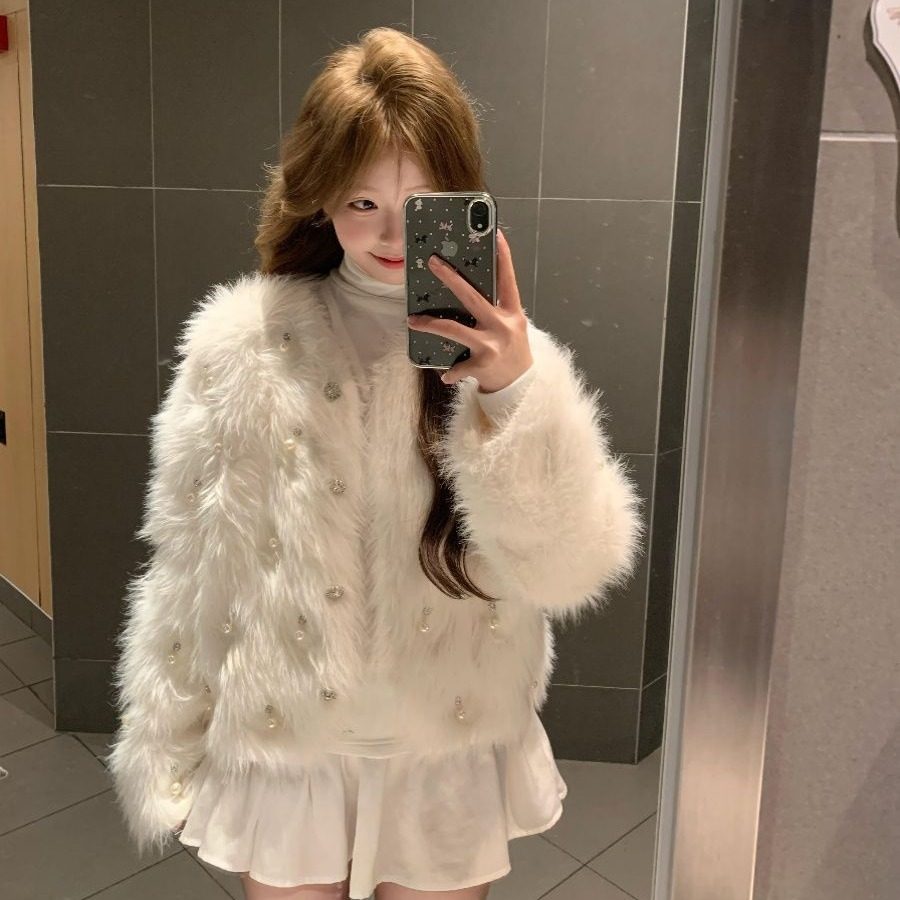 奶fufu白色小香风仿水貂绒毛衣开衫外套女秋冬季加厚毛毛环保皮草