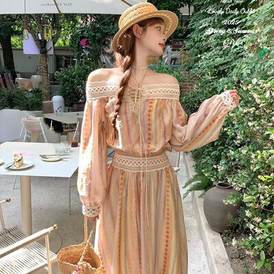 Acaine普罗旺斯夏日/彩色条纹蕾丝套装女夏季度假风小众两件套