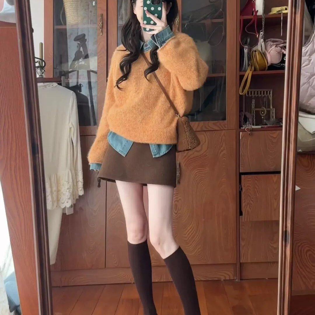 南瓜橘色毛衣女秋冬新款洋气复古慵懒风宽松加厚套头软糯针织上衣