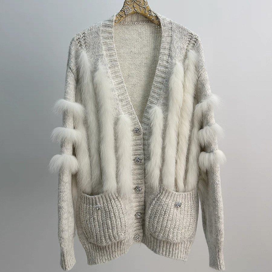 浅滩月色狐狸毛皮草车条羊毛毛衣针织开衫外套女士中长款时尚上衣,女装/女士精品,短外套,淘宝优惠券,粉丝福利购,淘宝优惠卷