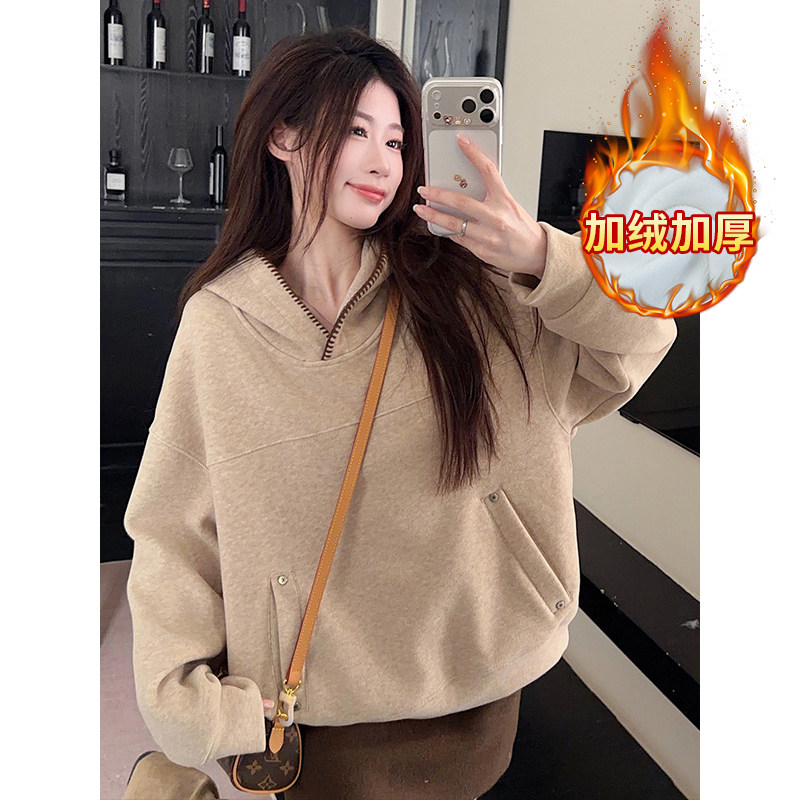 实拍糯米绒复合真超460克加绒卫衣秋冬新款宽松连帽保暖上衣