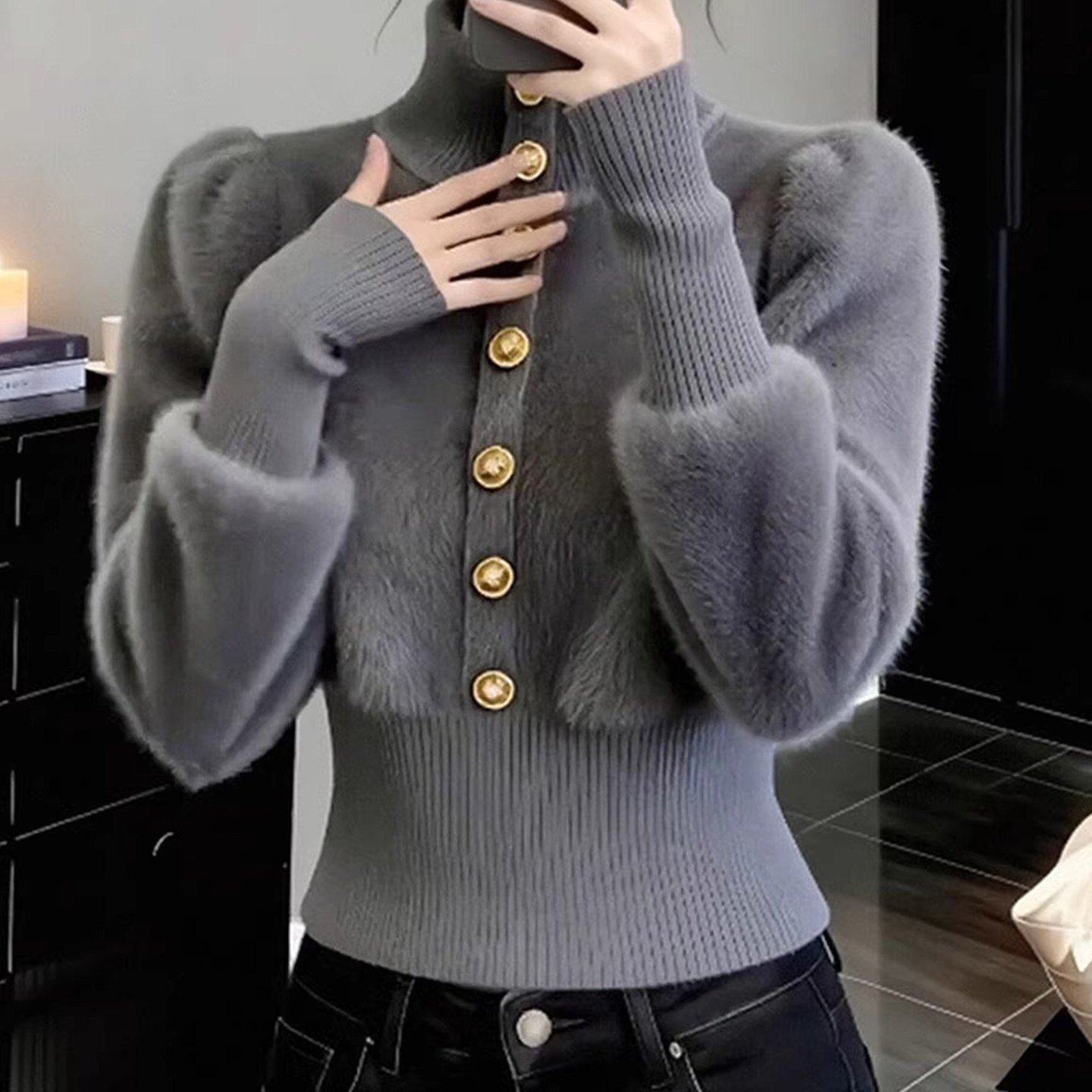 温柔灰色小香风高领收腰显瘦毛衣针织衫女秋冬新款小个子短款上衣
