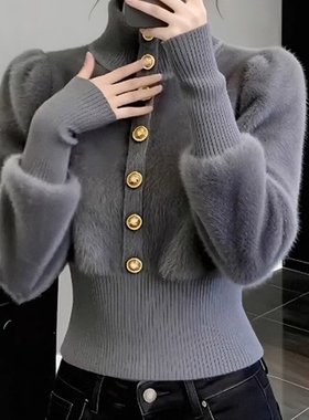 温柔灰色小香风高领收腰显瘦毛衣针织衫女秋冬新款小个子短款上衣