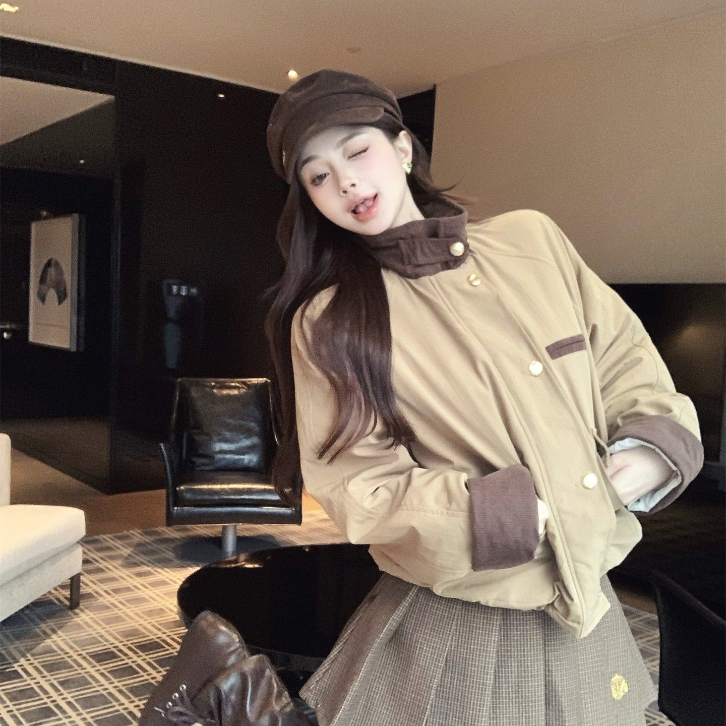 实拍～秋冬 翻领加绒短款夹克外套+粉色开衫+格子半身裙三件套女,女装/女士精品,时尚套装,淘宝优惠券,粉丝福利购,淘宝优惠卷