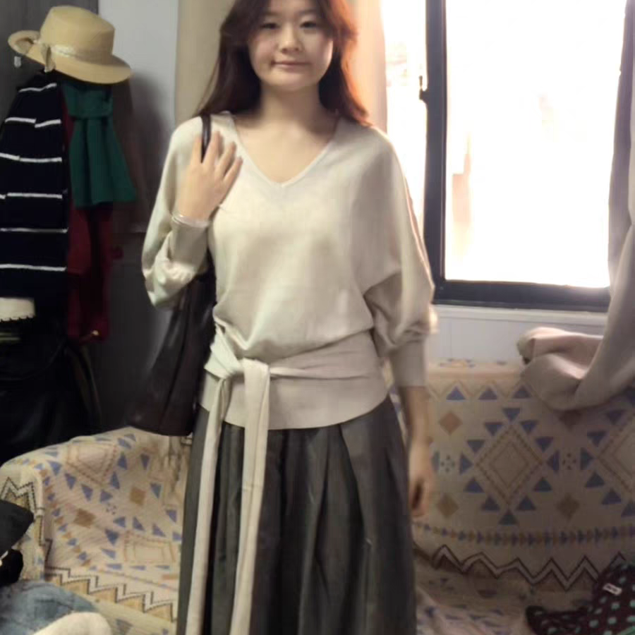 法式蝙蝠袖绑带收腰宽松上衣