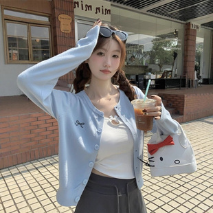 新款 早秋软糯洋气外搭针织上衣 春季 韩系刺绣蝴蝶结圆领毛衣女开衫