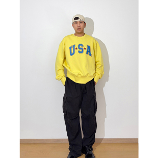 GWHEN 黄色美式复古宽松字母印花短款毛圈卫衣 男女